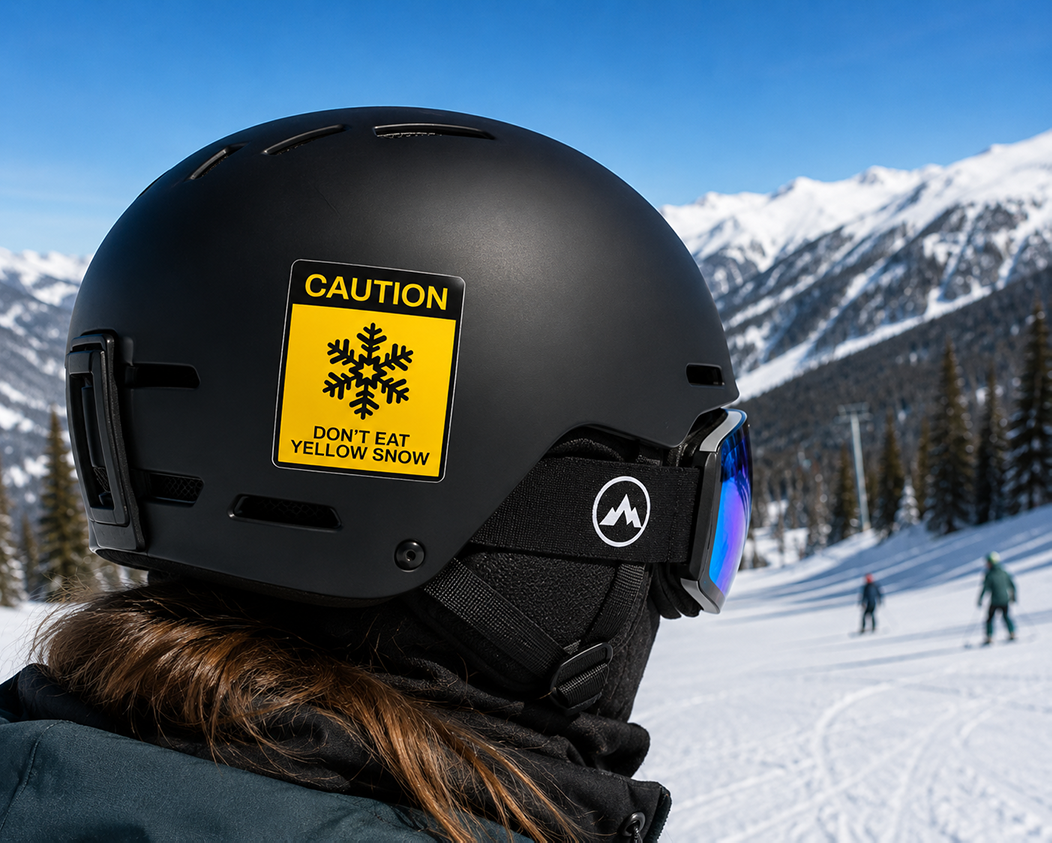 ski helmet with a yellow 'CAUTION DON'T EAT YELLOW SNOW' sticker