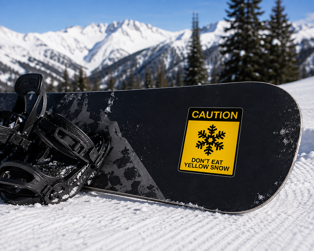 snowboard with a yellow caution sticker reading 'CAUTION DON'T EAT YELLOW SNOW' resting in the snow